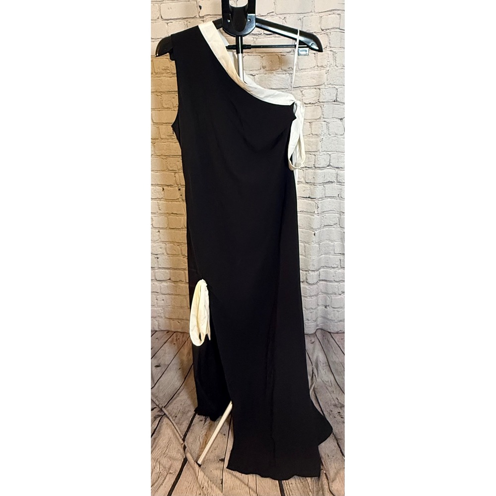 Lulus Black and White One Shoulder Bow Detail Maxi Dress XL Formal Gown Slit - Picture 3 of 5